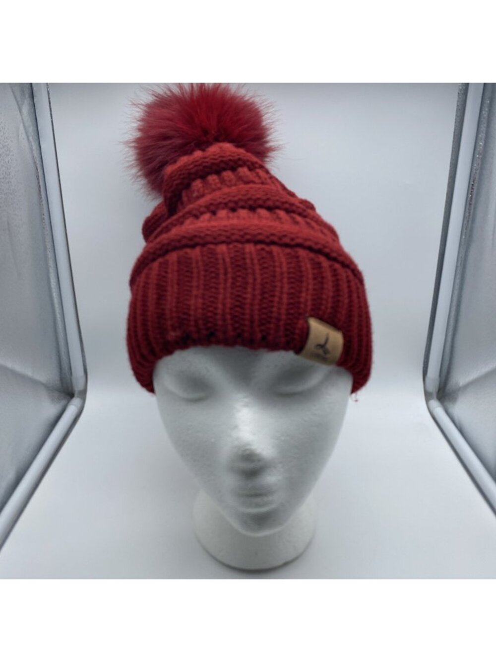 Lorome Red Pom Pom Beanie Hat Women's Knit Stocking Cap Winter